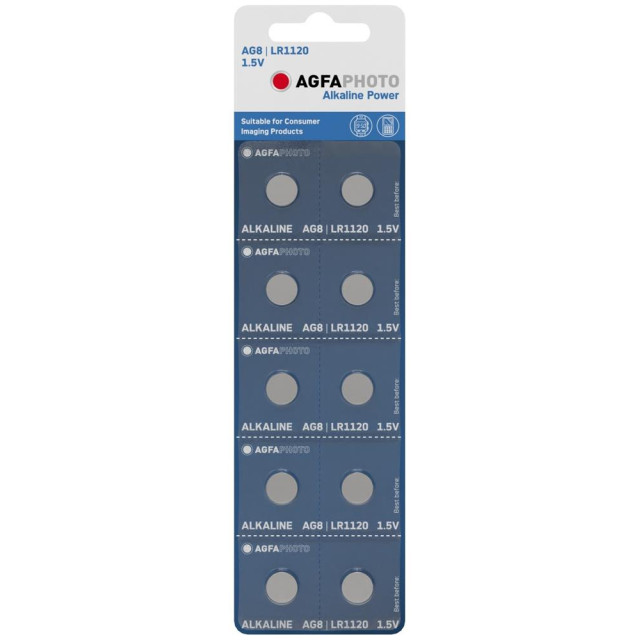 10 Piles Bouton AG8 LR1120 Alcaline Power 42mAh 1.5V AgfaPhoto