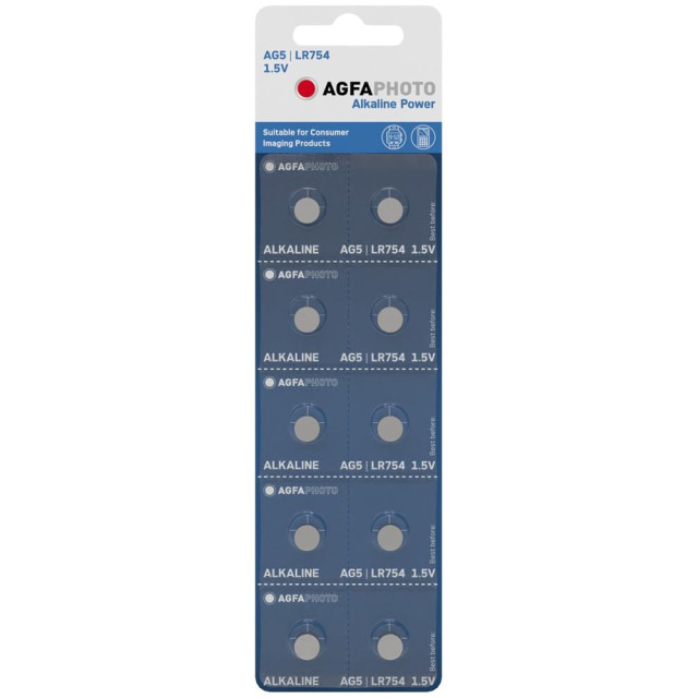 10 Piles Bouton AG5 LR754 Alcaline Power 64mAh 1.5V AgfaPhoto