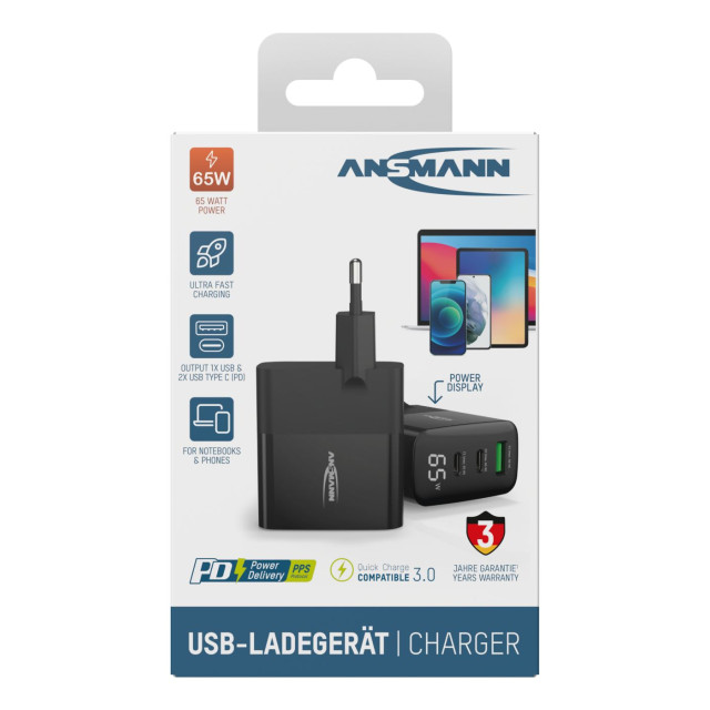 Chargeur HC365PD 2xUSB-C/1xUSB-A 65W Ansmann