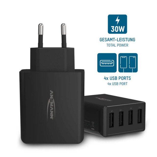 Chargeur HC430 4xUSB-A 30W Noir Ansmann