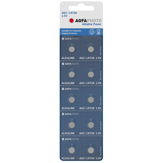 10 Piles Bouton AG2 LR726 Alcalines 1.5V AgfaPhoto