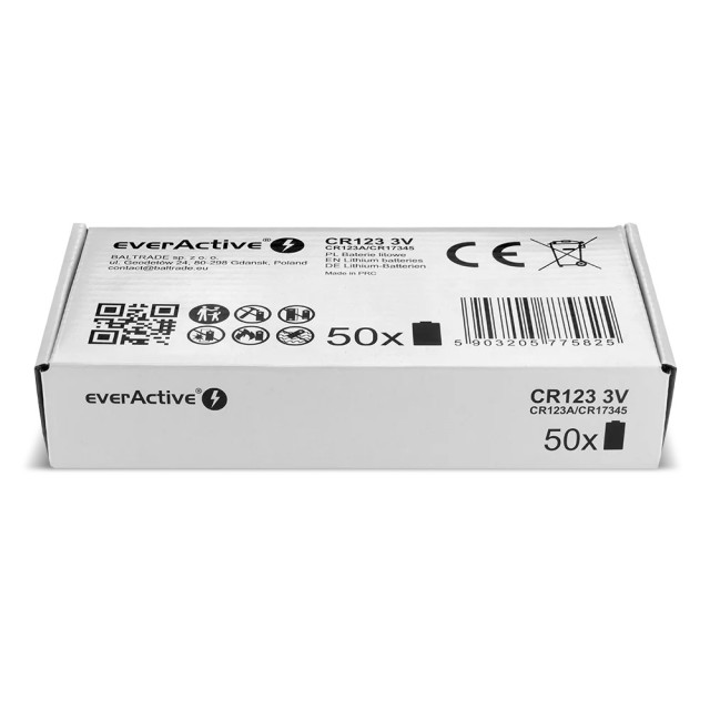 Bulk de 50 Piles CR123 Lithium 1500mAh everActive