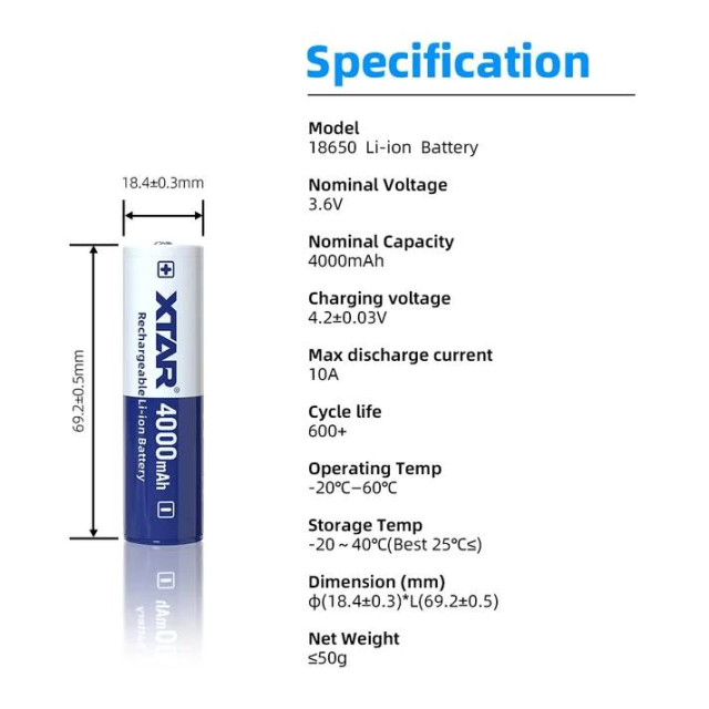 Batterie Li-Ion 18650 3.6V 4000 mAh XTAR