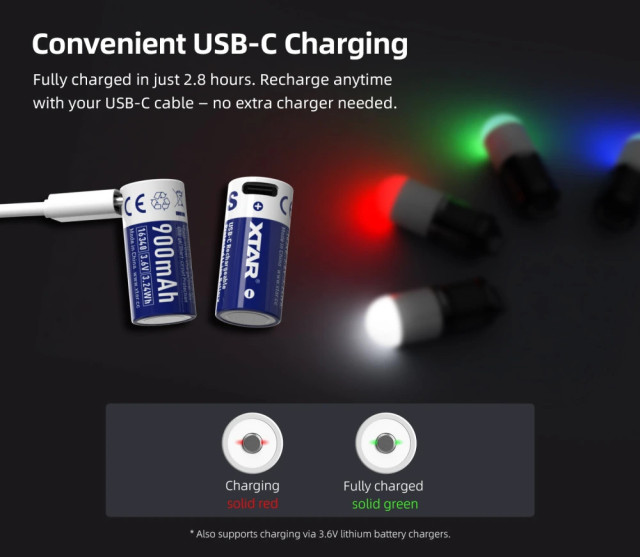 Batterie Li-Ion USB-C 16340 3.6V 900 mAh XTAR