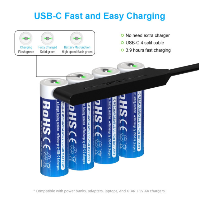 4 Batteries Li-Ion USB-C AA LR Rechargeable 1.5V 3000 mAh XTAR