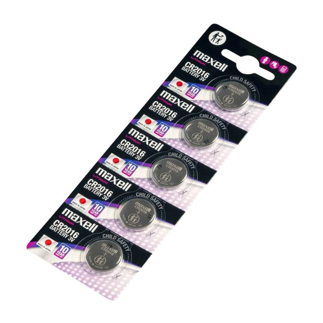 5 Piles Bouton CR2016 Lithium 3V 90mAh Maxell