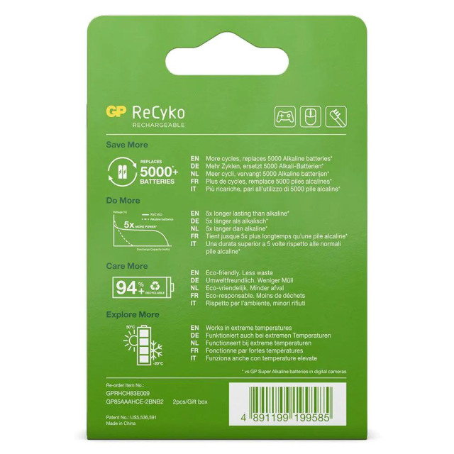 2 Piles Rechargeables AAA HR03 ReCyko 1.2V 850mAh GP