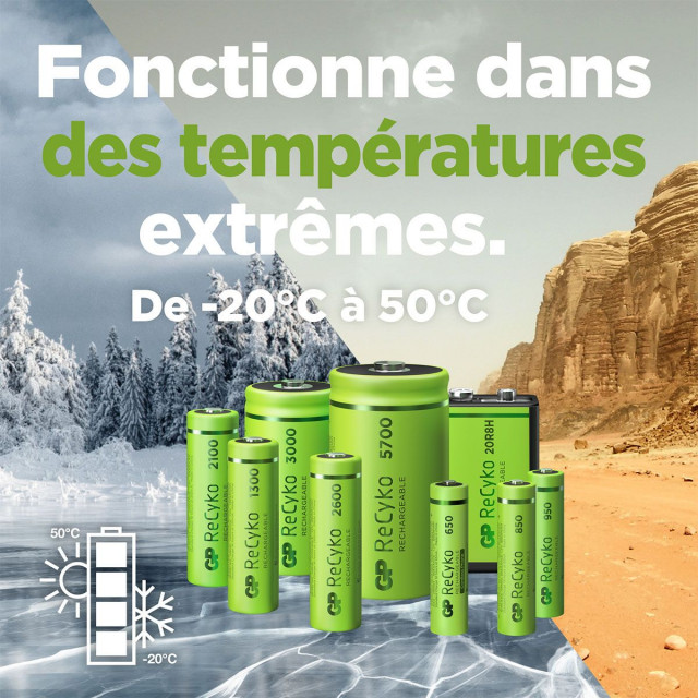 2 Piles Rechargeables AAA HR03 NiMH 1.2V 950mAh GP ReCyko