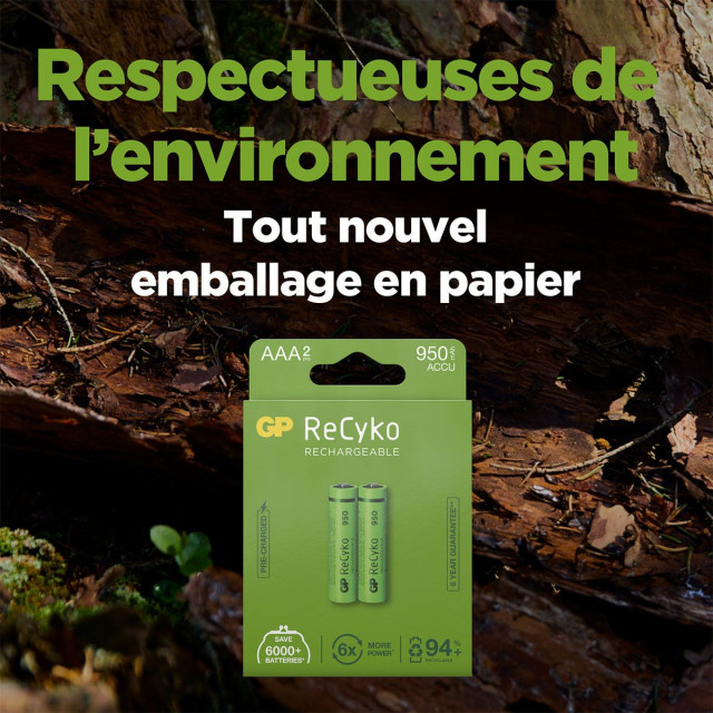 2 Piles Rechargeables AAA HR03 NiMH 1.2V 950mAh GP ReCyko