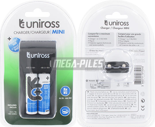 CHARGEUR 2 PILES AAA ou AA + 2 AA NiMH 1300mAh UNIROSS