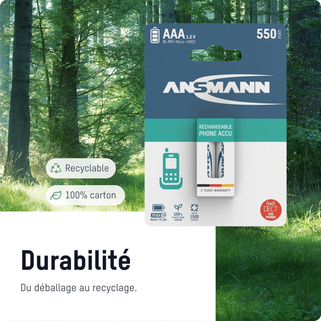 PILES RECHARGEABLES PRECHARGEES DECT NiMH AAA HR03 1.2V 550mAh BL2 ANSMANN