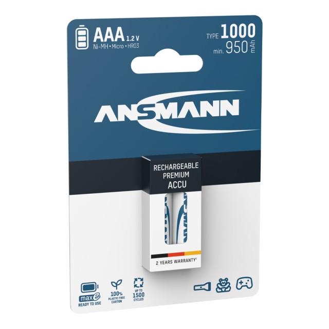2 Piles Rechargeables AAA HR03 NiMH Préchargées 1.2V 1000mAh Ansmann