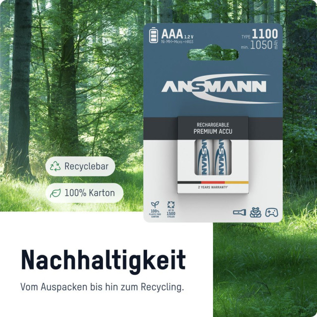 2 Piles Rechargeables AAA HR03 NiMH Préchargées 1.2V 1000mAh Ansmann