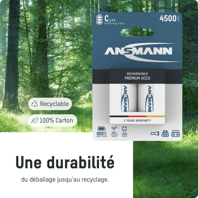 2 Piles Rechargeables HR14 C Préchargée NiMH 1.2V 4500mAh ANSMANN