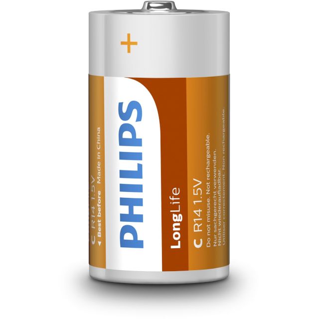 2 Piles Salines R14 C Zinc Carbone Longlife 1.5V Philips