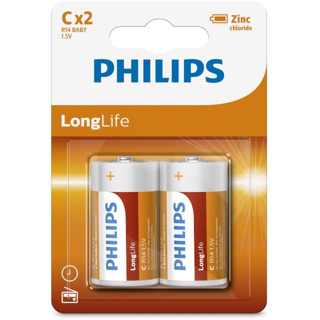 2 Piles Salines R14 C Zinc Carbone Longlife 1.5V Philips